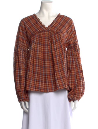 DÔEN Plaid Print V-Neck Button-Up Top
