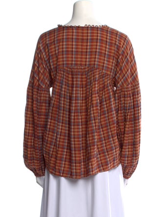 DÔEN Plaid Print V-Neck Button-Up Top