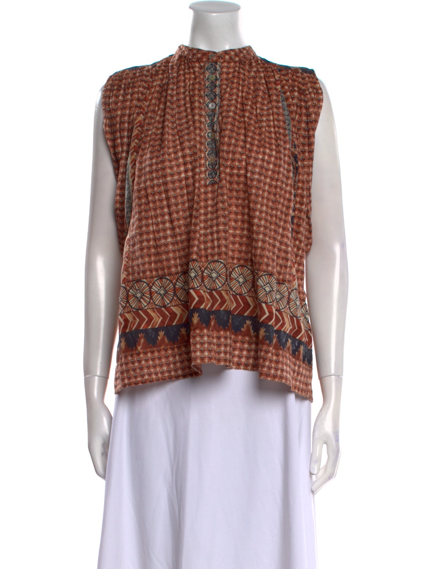 DÔEN Plaid Print Mock Neck Blouse