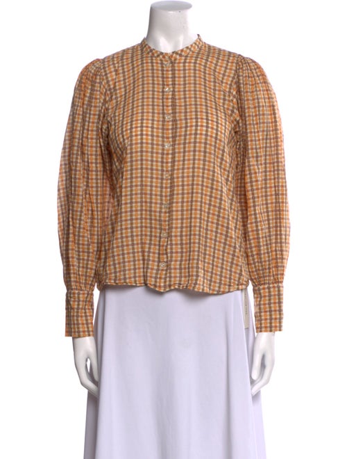 DÔEN Plaid Print Mock Neck Button-Up Top