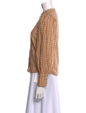 DÔEN Plaid Print Mock Neck Button-Up Top