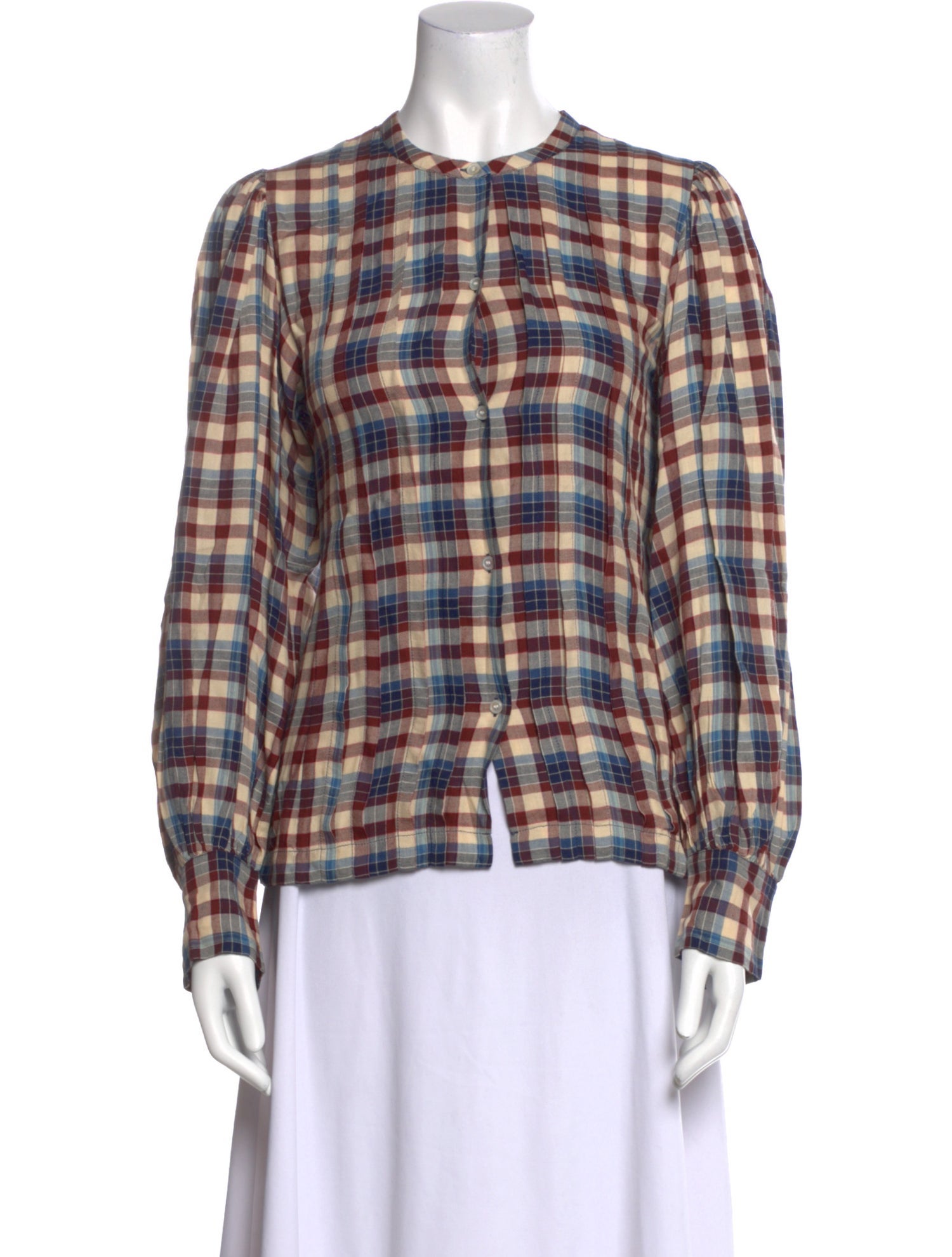 DÔEN Plaid Print Crew Neck Button-Up Top