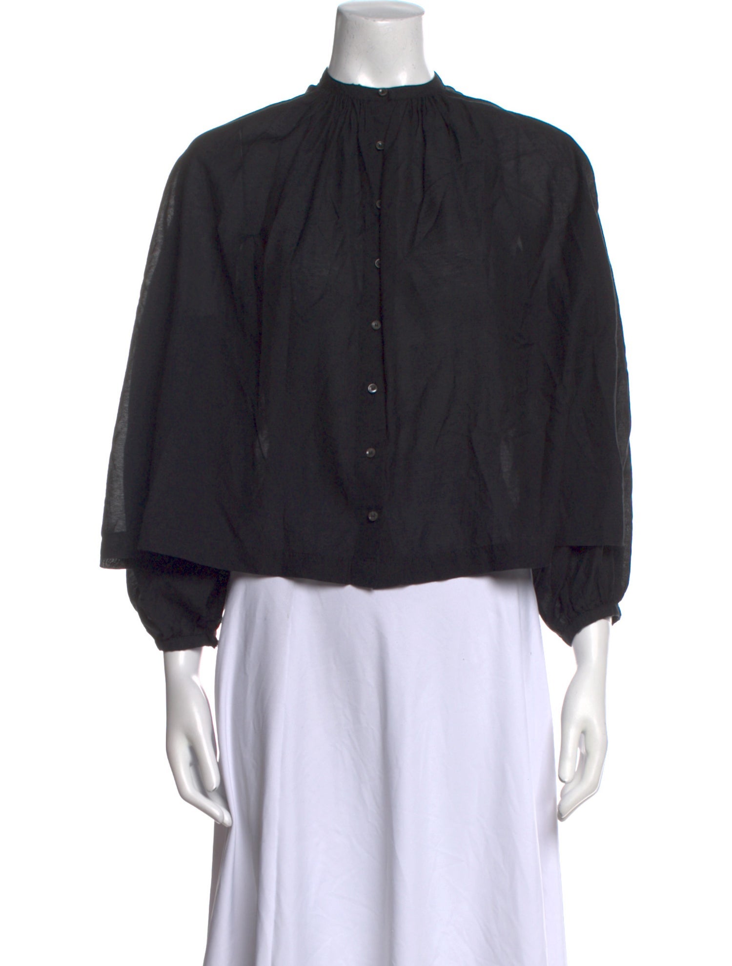 DÔEN Mock Neck Three-Quarter Sleeve Button-Up Top