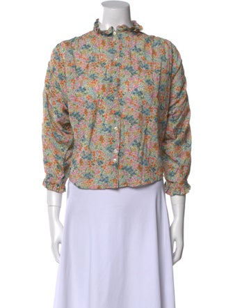 DÔEN Floral Print Mock Neck Button-Up Top