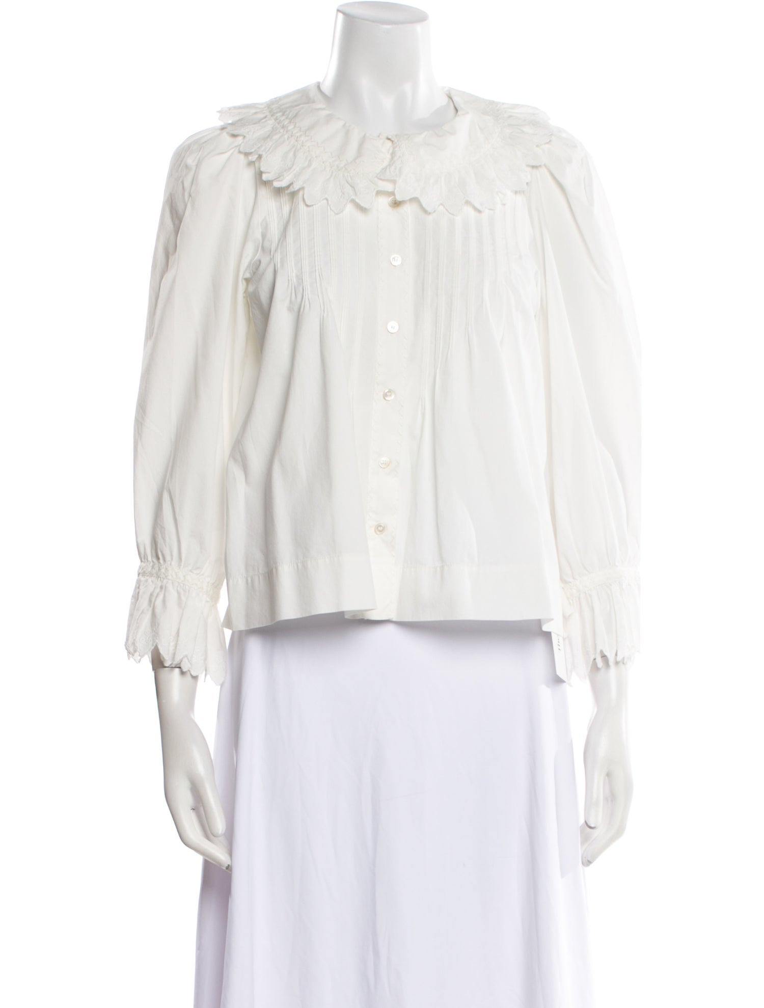 DÔEN Mock Neck Three-Quarter Sleeve Button-Up Top