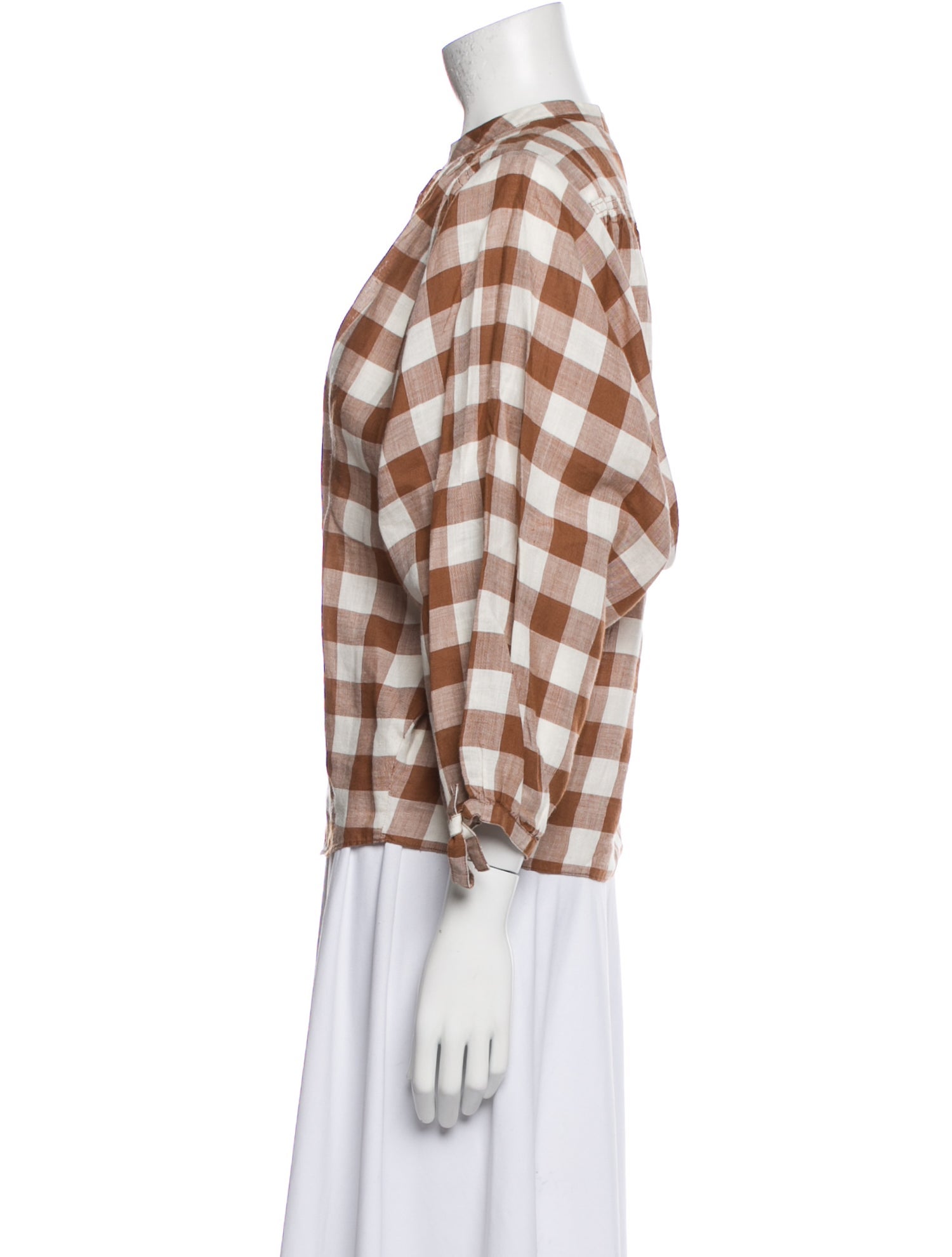 DÔEN Plaid Print Crew Neck Button-Up Top