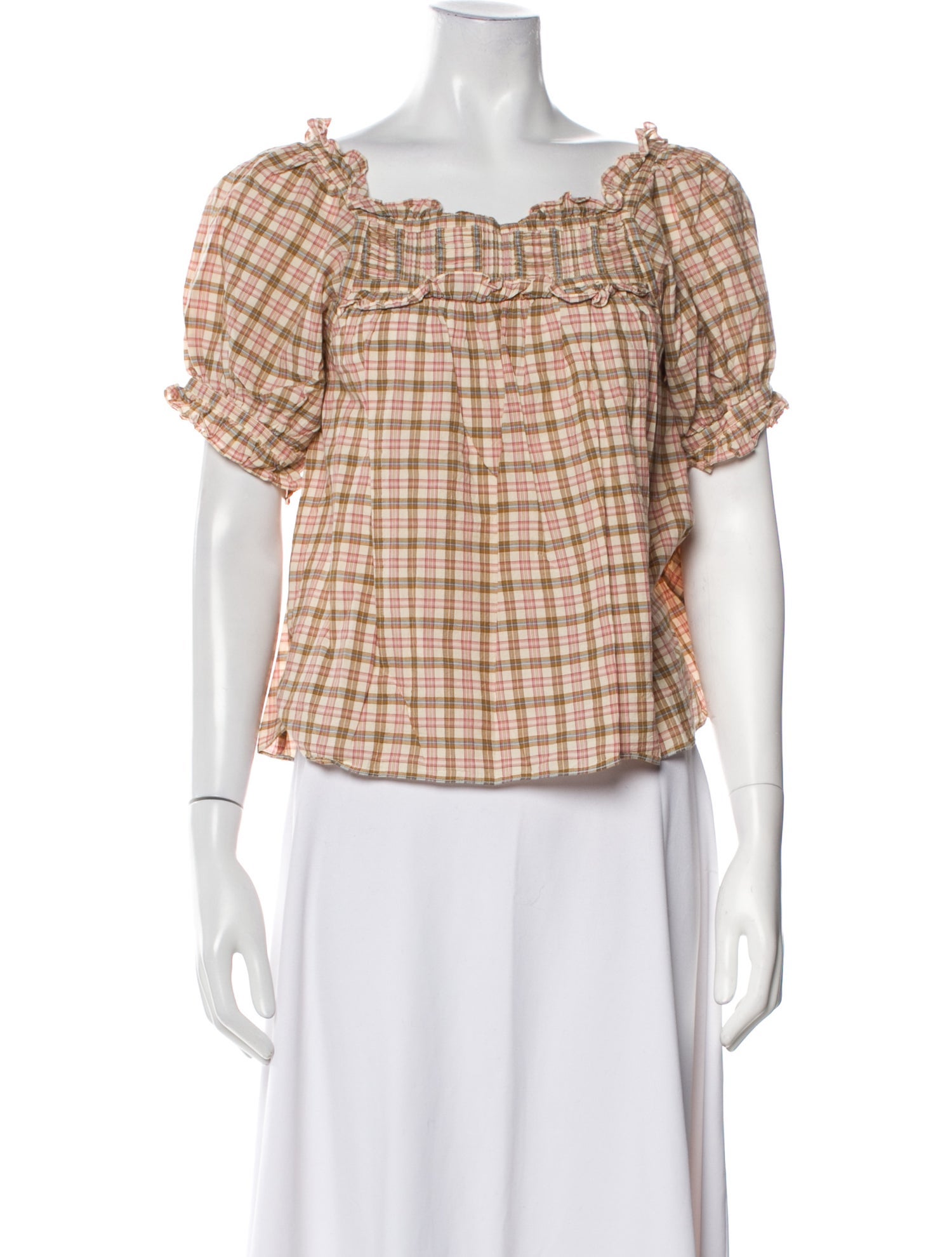 DÔEN Plaid Print Square Neckline Top