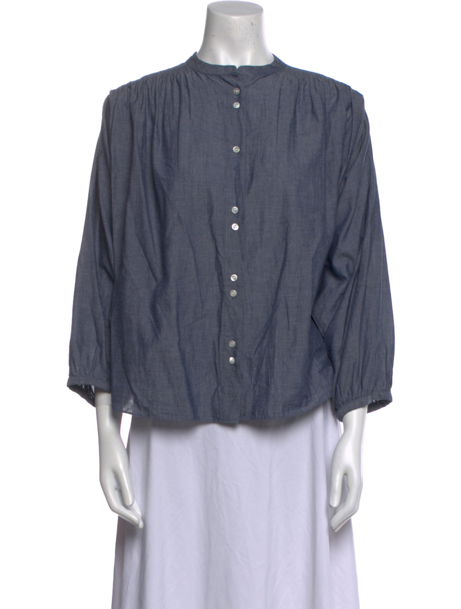 DÔEN Mock Neck Three-Quarter Sleeve Button-Up Top