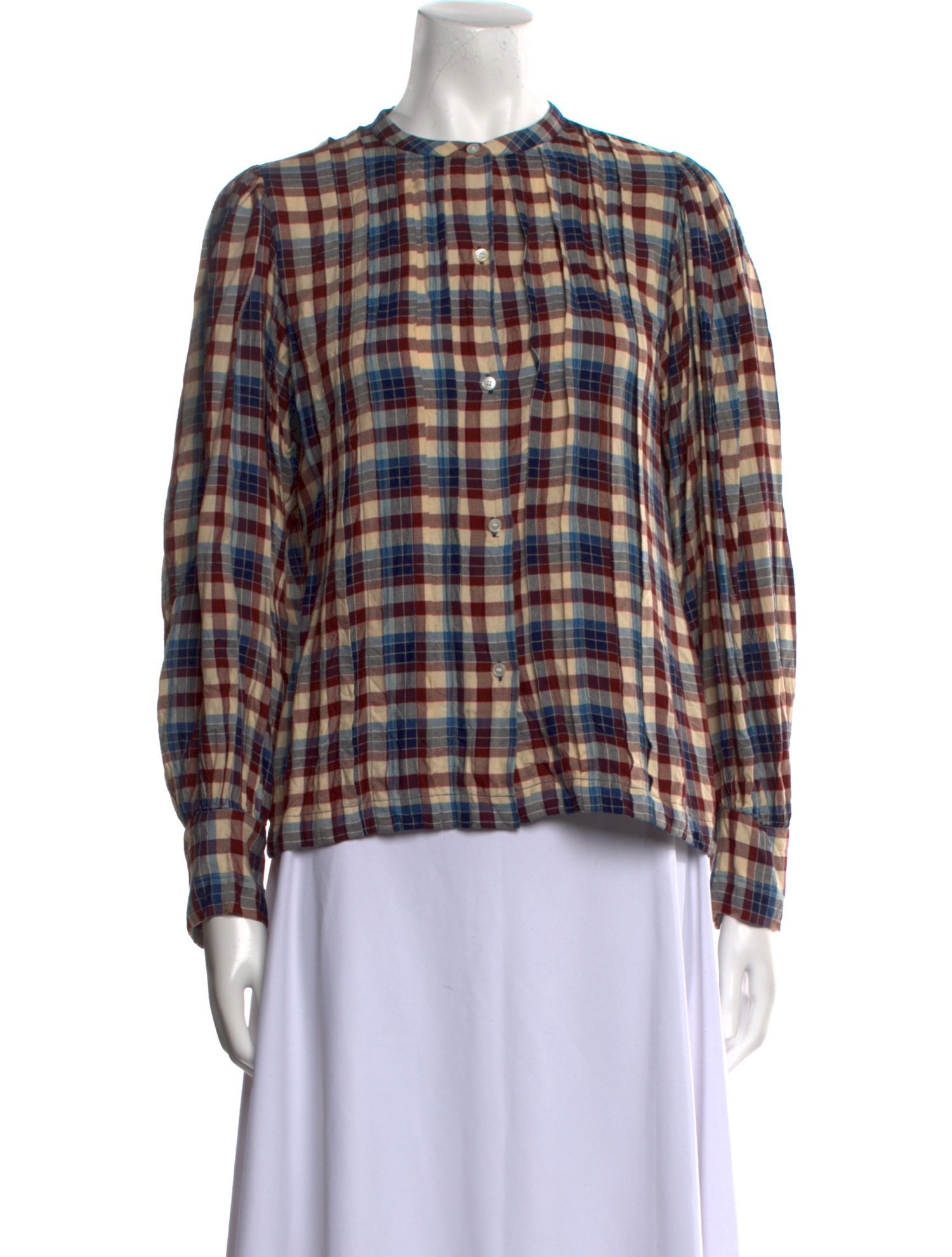 DÔEN Plaid Print Crew Neck Button-Up Top