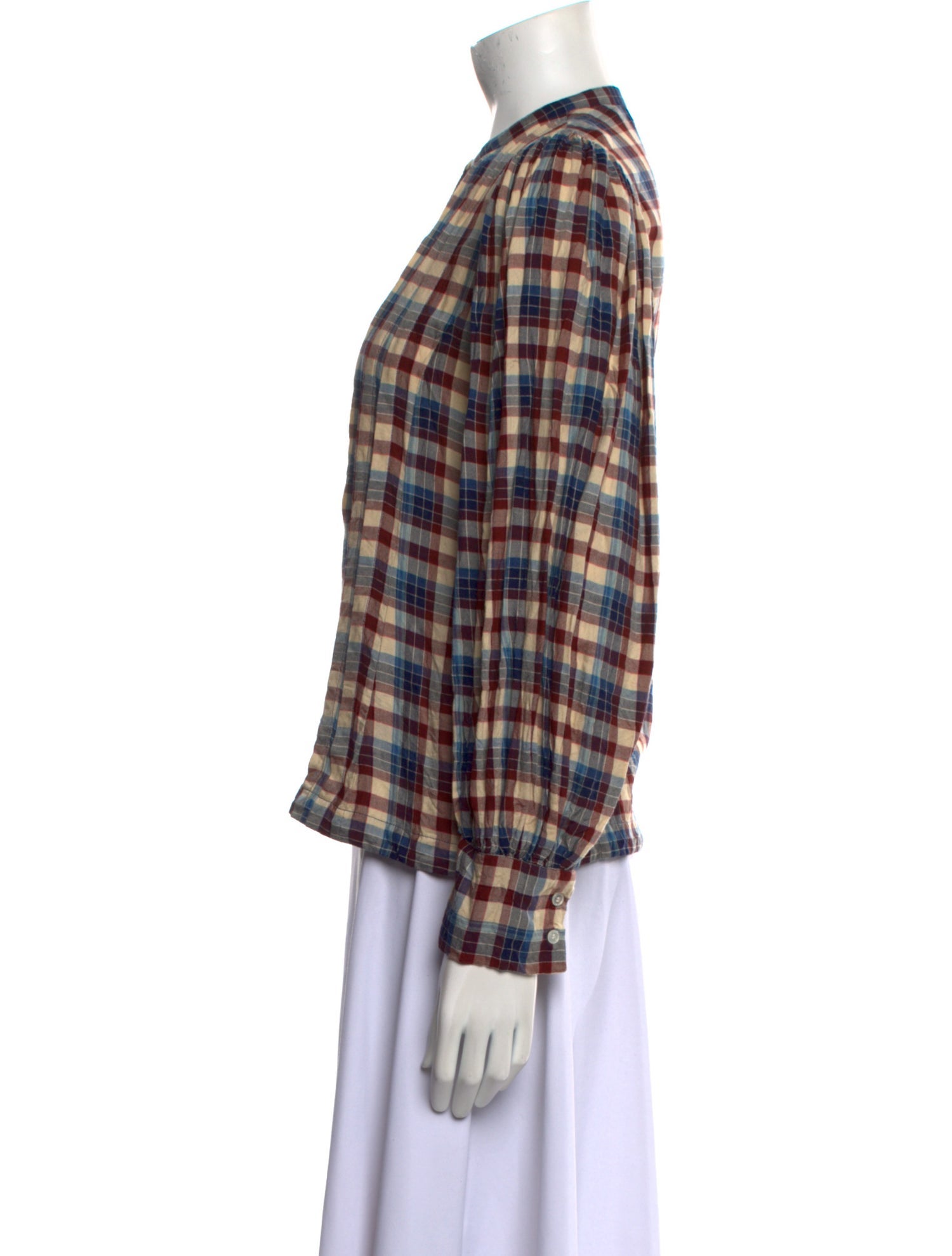 DÔEN Plaid Print Crew Neck Button-Up Top