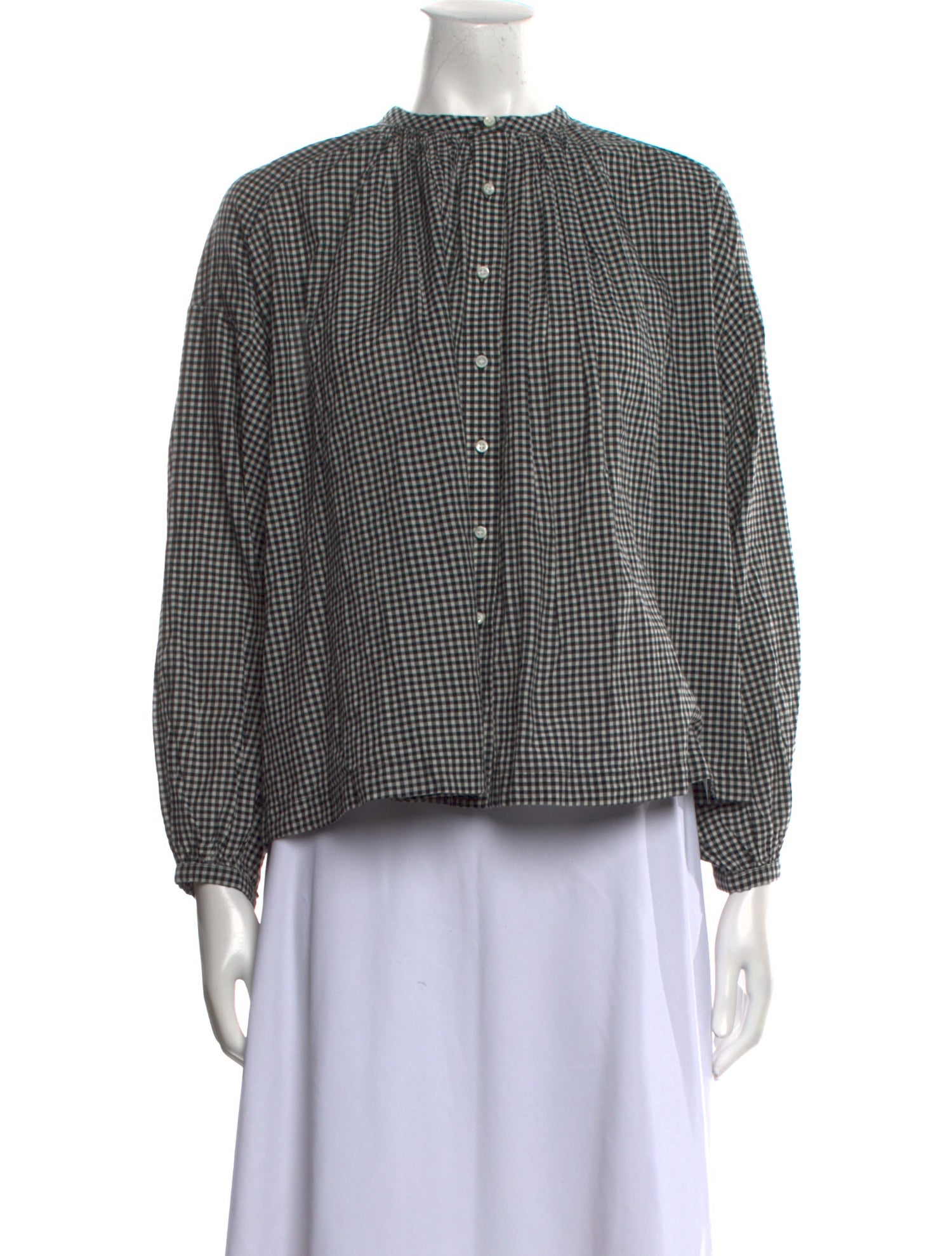 DÔEN Plaid Print Crew Neck Button-Up Top