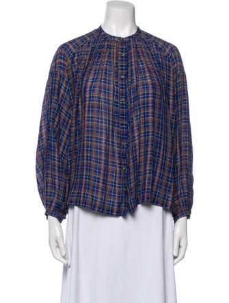DÔEN Plaid Print Crew Neck Button-Up Top