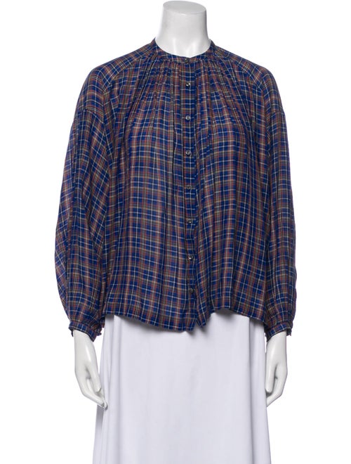 DÔEN Plaid Print Crew Neck Button-Up Top