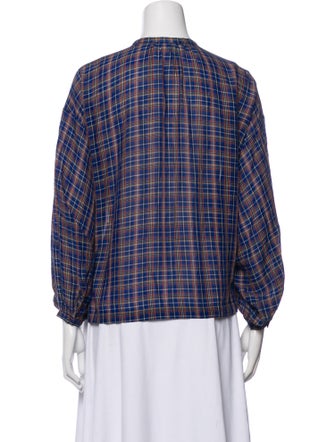 DÔEN Plaid Print Crew Neck Button-Up Top