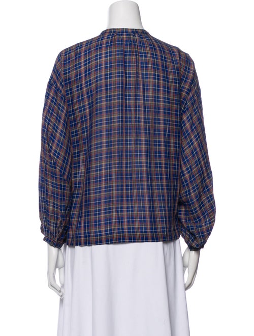 DÔEN Plaid Print Crew Neck Button-Up Top
