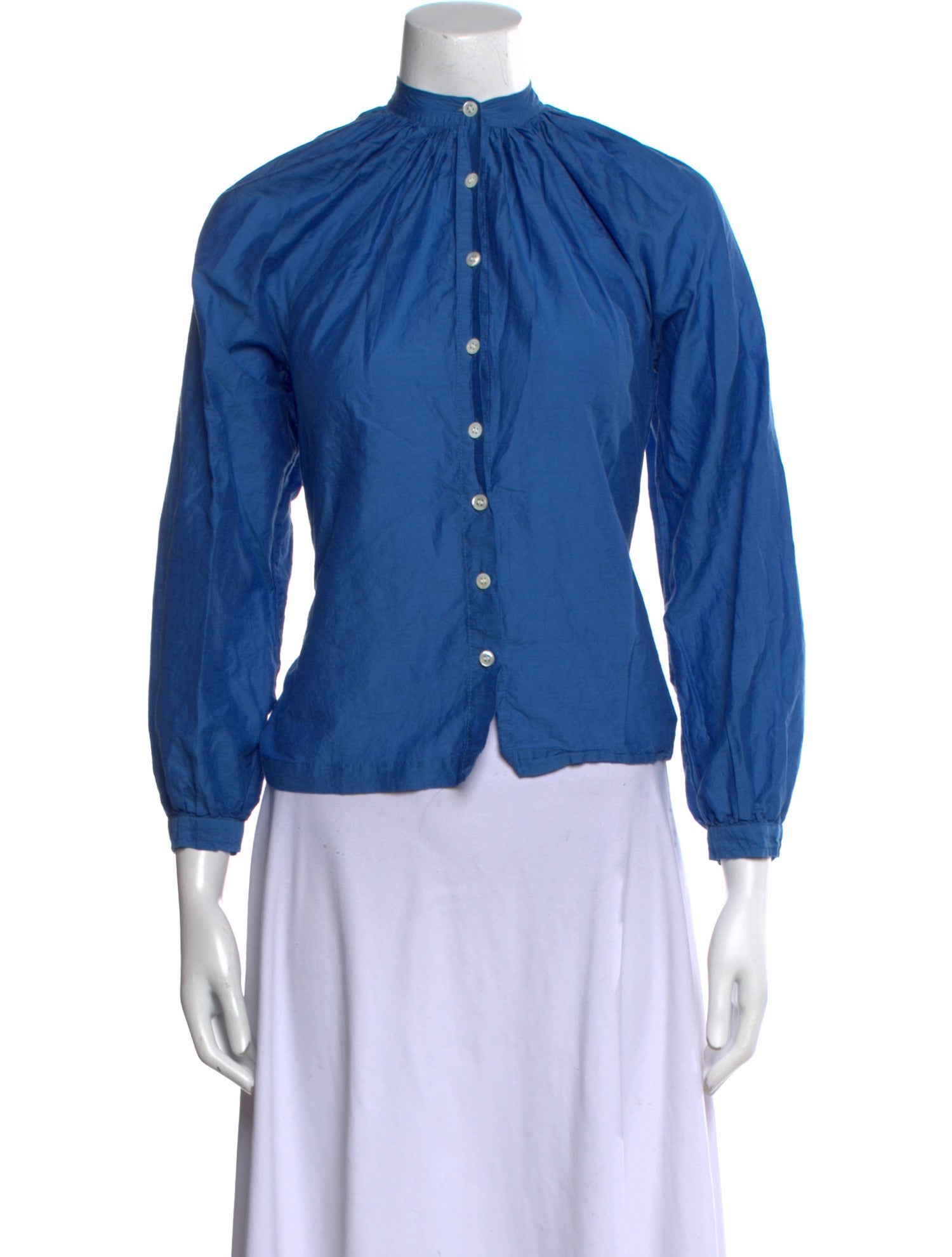 DÔEN Mock Neck Three-Quarter Sleeve Button-Up Top