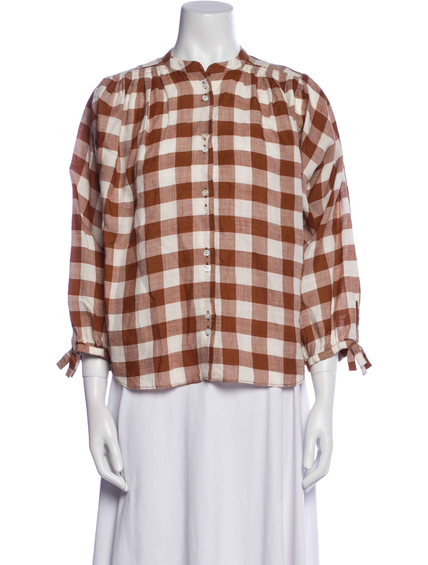 DÔEN Plaid Print Crew Neck Blouse