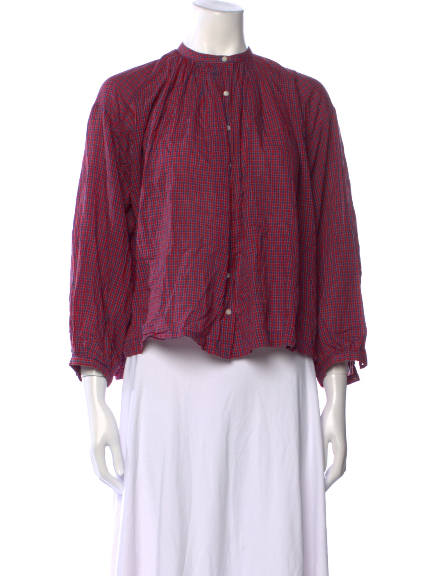 DÔEN Plaid Print Mock Neck Blouse