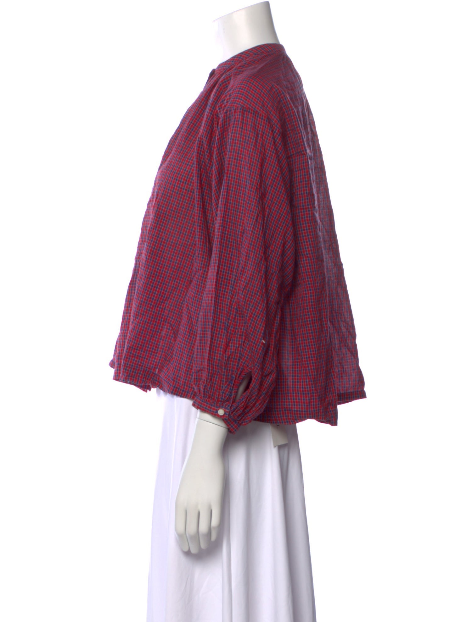 DÔEN Plaid Print Mock Neck Blouse