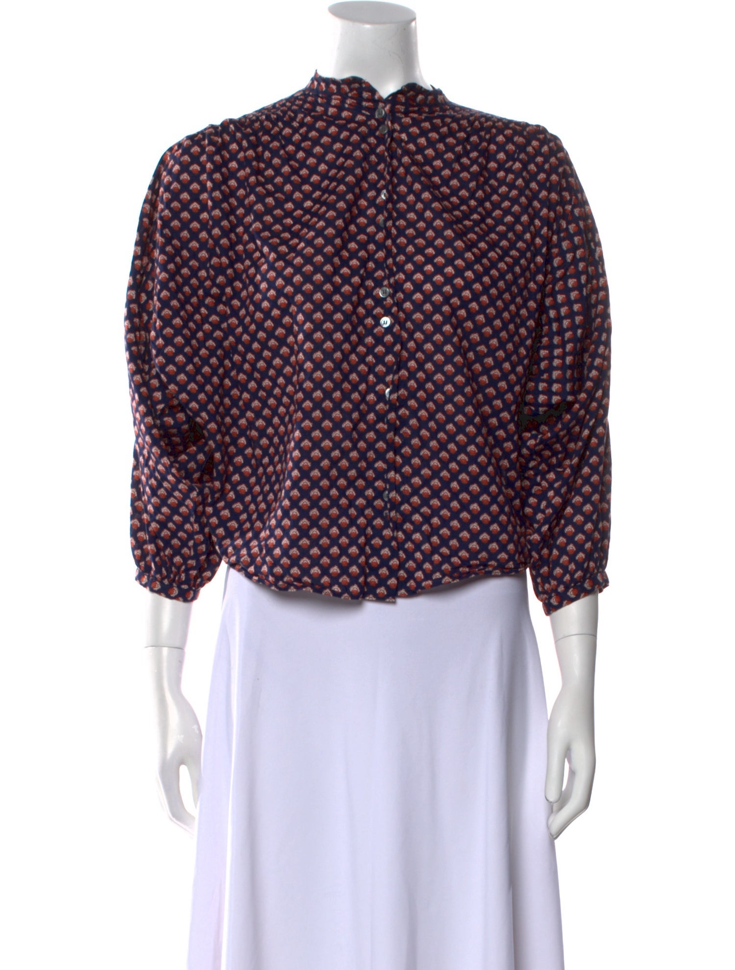 DÔEN Polka Dot Print Mock Neck Button-Up Top