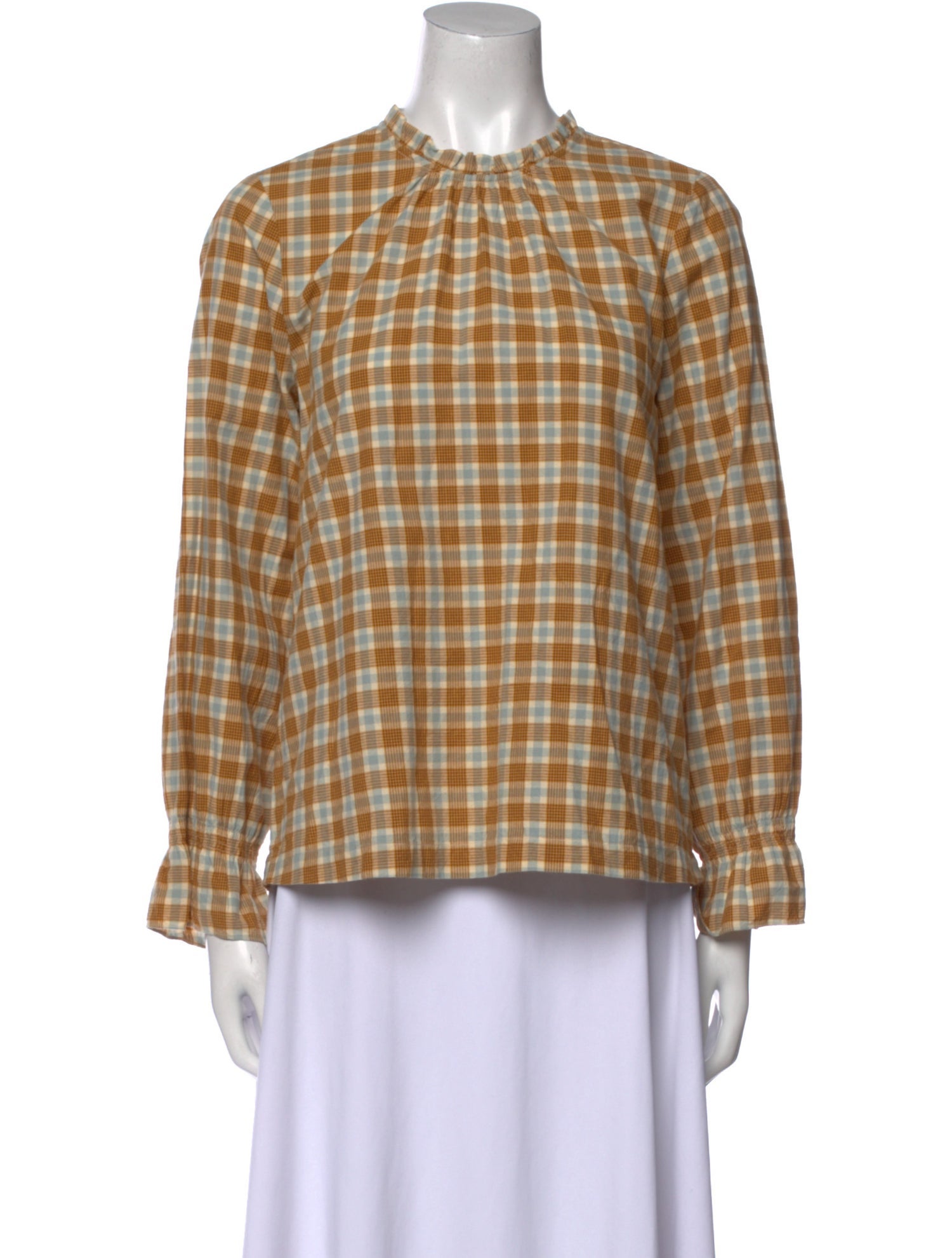 DÔEN Plaid Print Crew Neck Button-Up Top