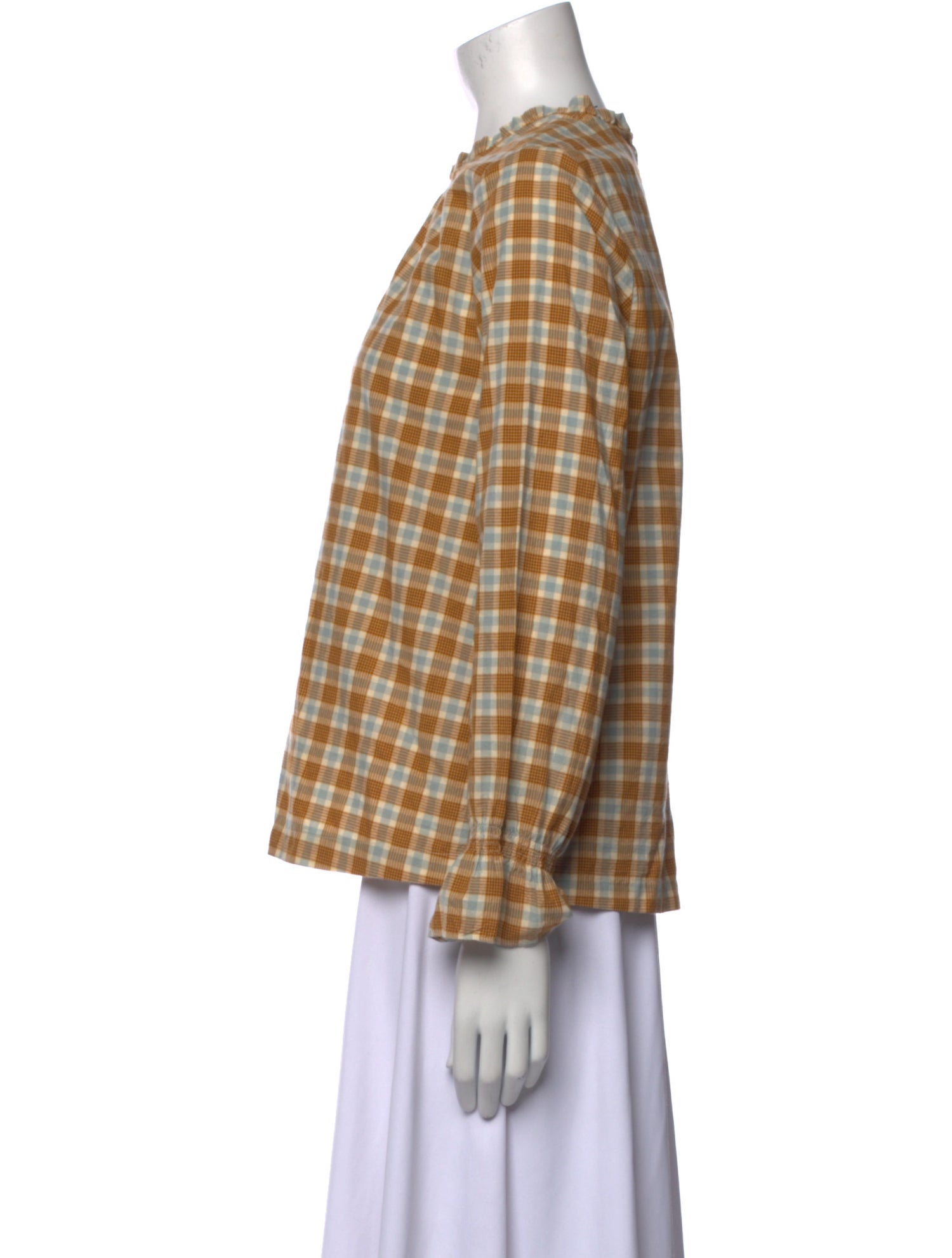 DÔEN Plaid Print Crew Neck Button-Up Top