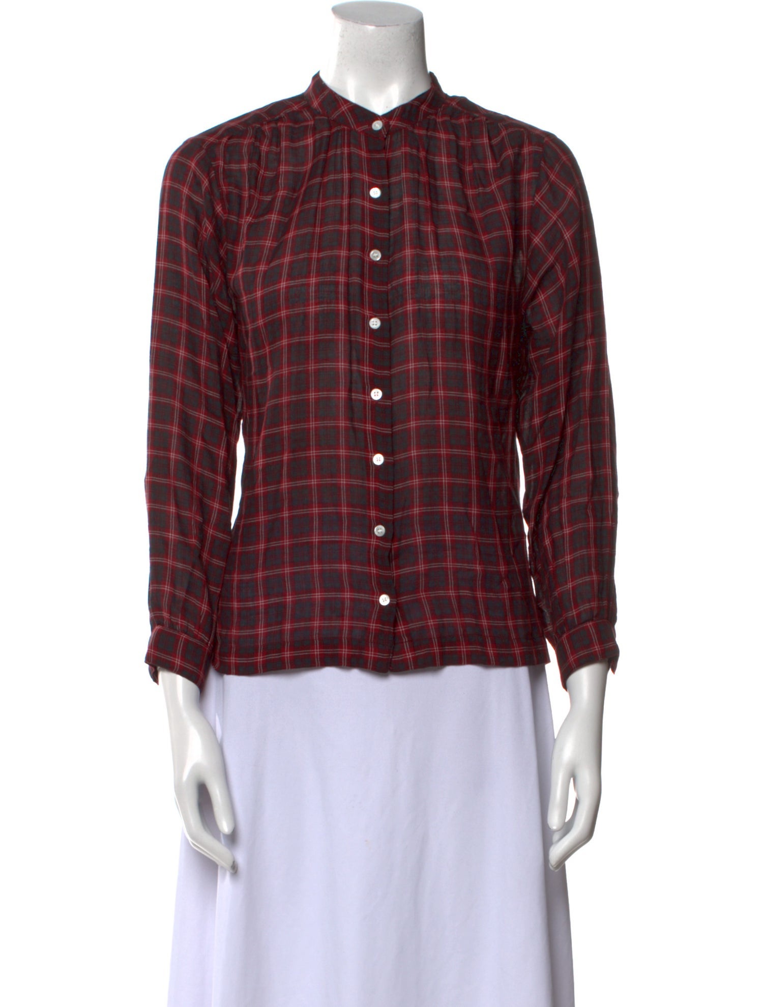 DÔEN Plaid Print Three-Quarter Sleeve Button-Up Top