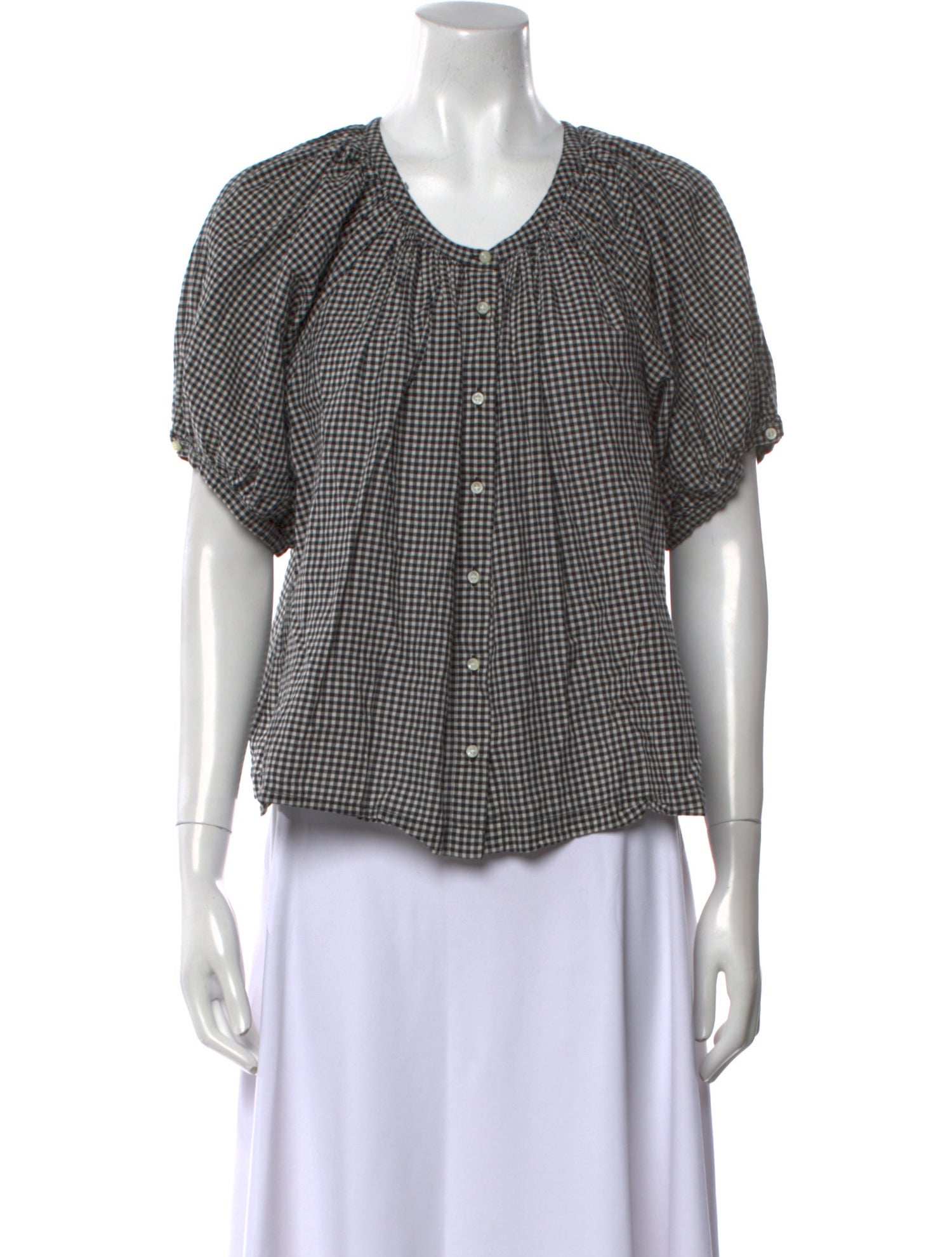 DÔEN Plaid Print Scoop Neck Button-Up Top