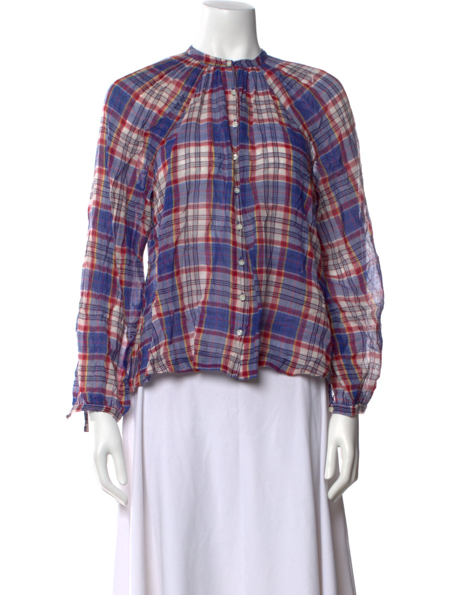 DÔEN Plaid Print Crew Neck Blouse