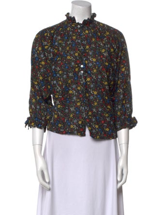 DÔEN Floral Print Mock Neck Button-Up Top