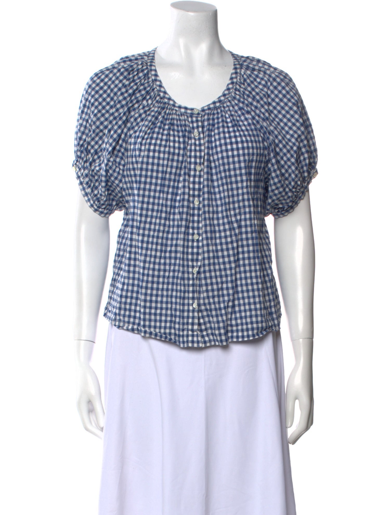 DÔEN Plaid Print Scoop Neck Button-Up Top