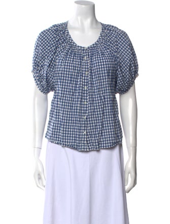 DÔEN Plaid Print Scoop Neck Button-Up Top