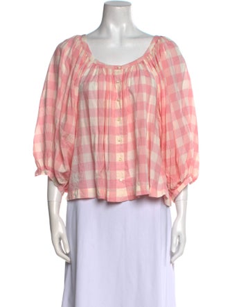 DÔEN Plaid Print Scoop Neck Blouse