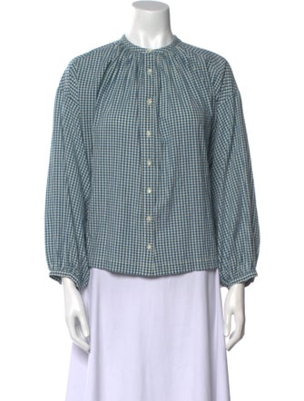 DÔEN Plaid Print Crew Neck Button-Up Top