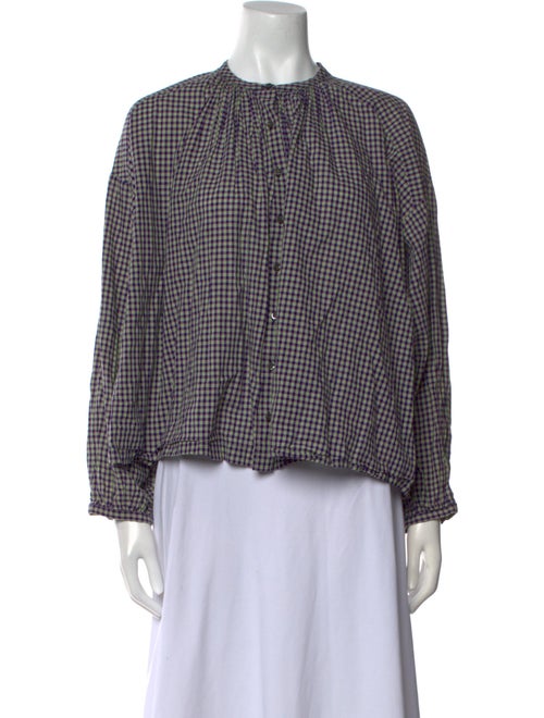 DÔEN Plaid Print Crew Neck Button-Up Top