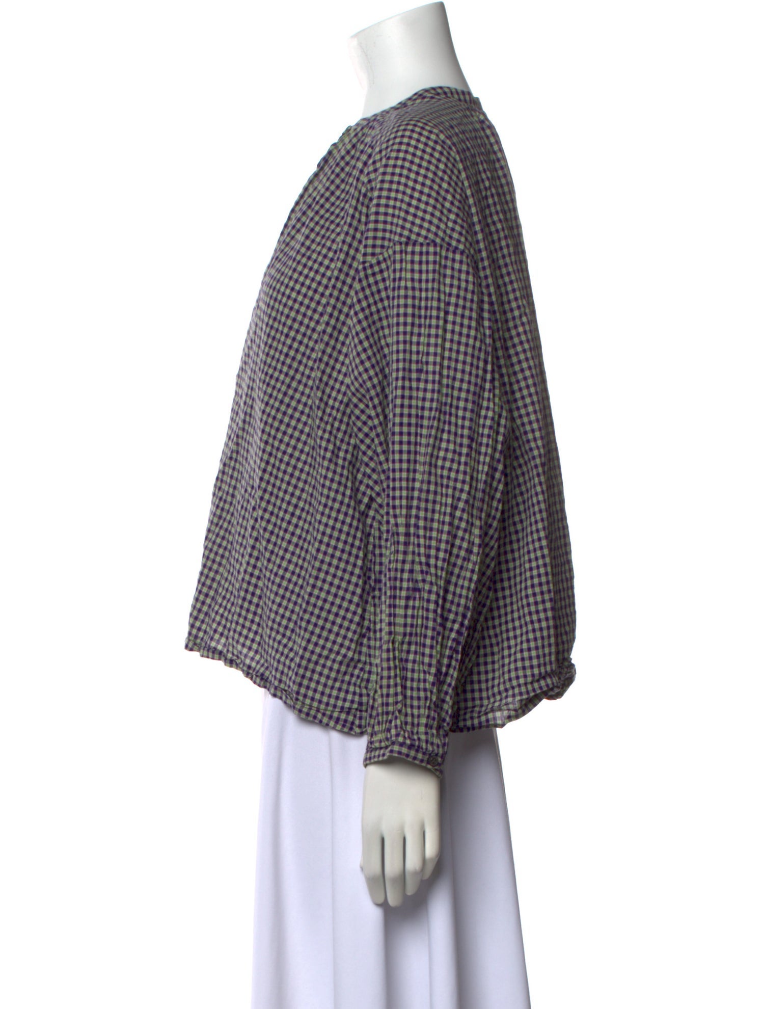 DÔEN Plaid Print Crew Neck Button-Up Top