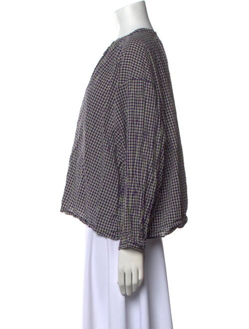 DÔEN Plaid Print Crew Neck Button-Up Top