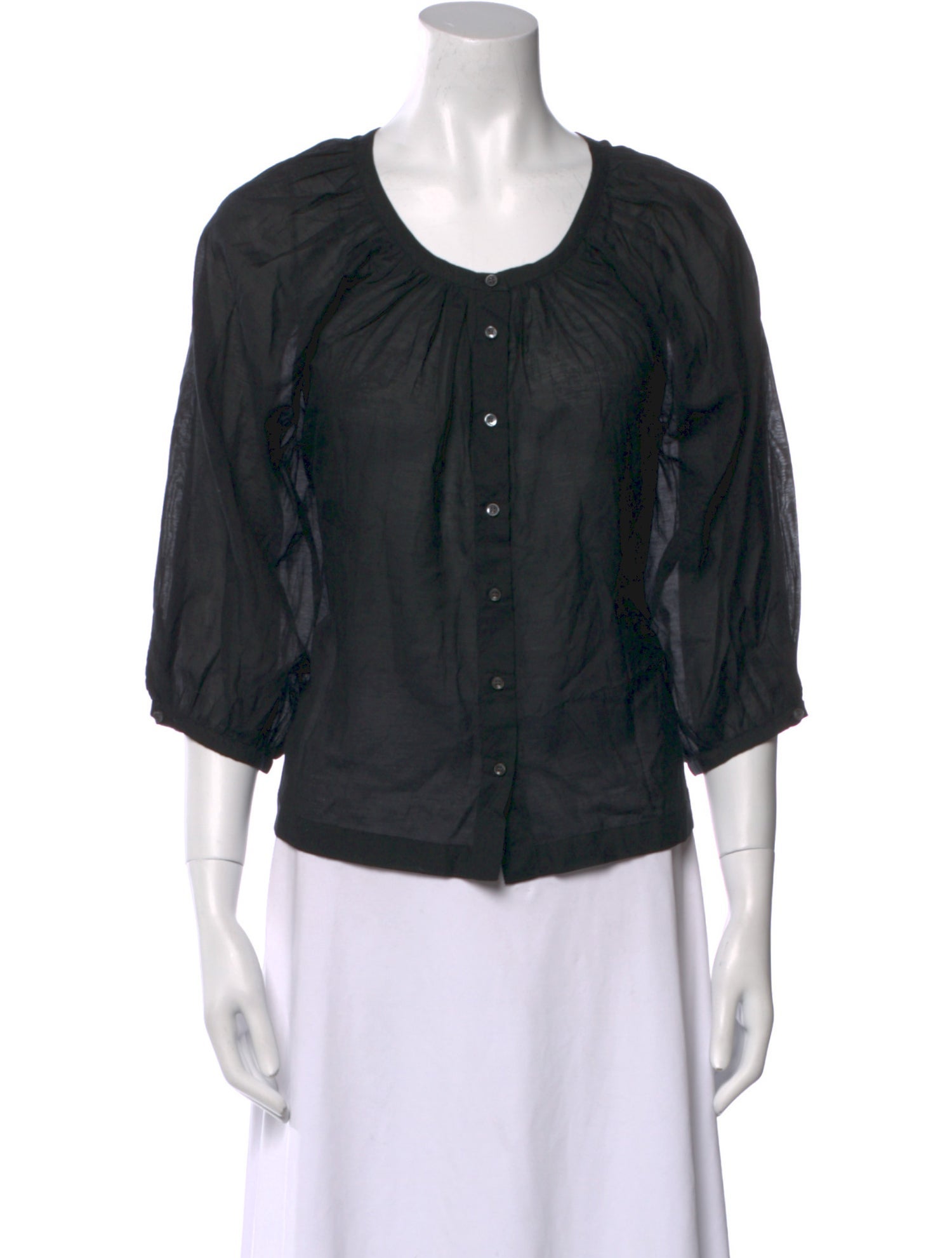 DÔEN Scoop Neck Three-Quarter Sleeve Button-Up Top