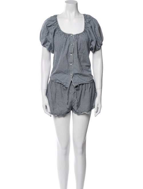 DÔEN Plaid Print Lace Trim Embellishment Short Set