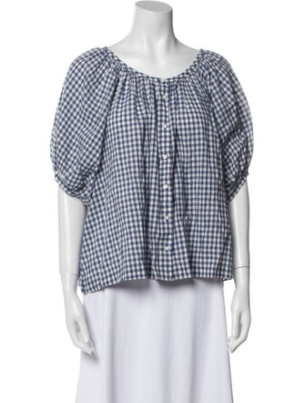 DÔEN Plaid Print Scoop Neck Button-Up Top