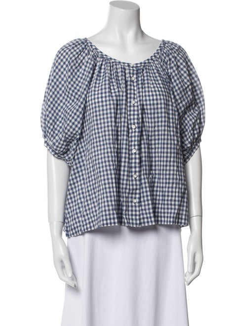 DÔEN Plaid Print Scoop Neck Button-Up Top