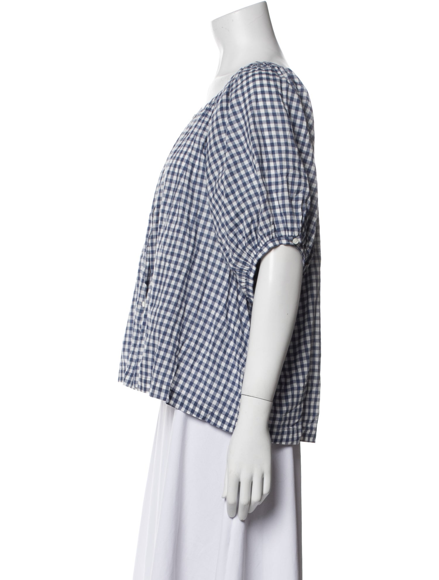 DÔEN Plaid Print Scoop Neck Button-Up Top