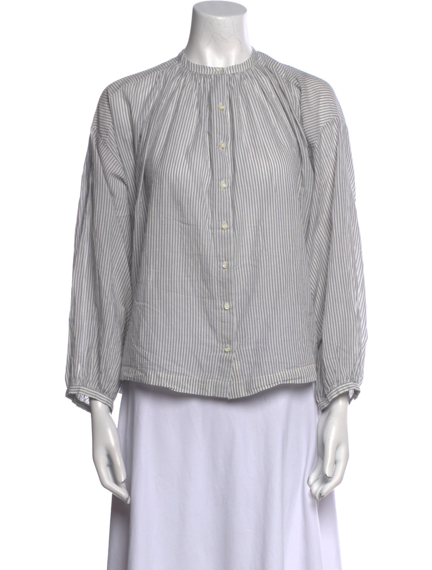 DÔEN Striped Crew Neck Button-Up Top