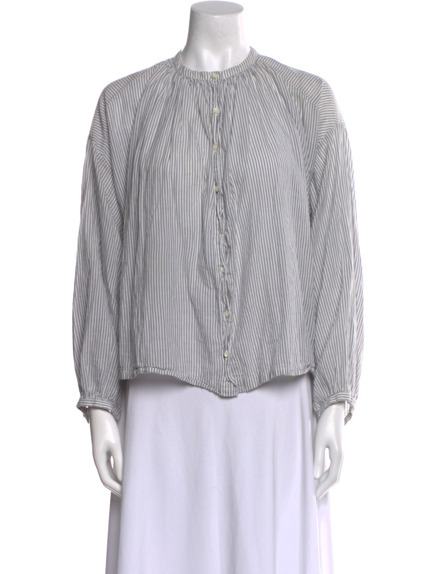 DÔEN Striped Crew Neck Button-Up Top