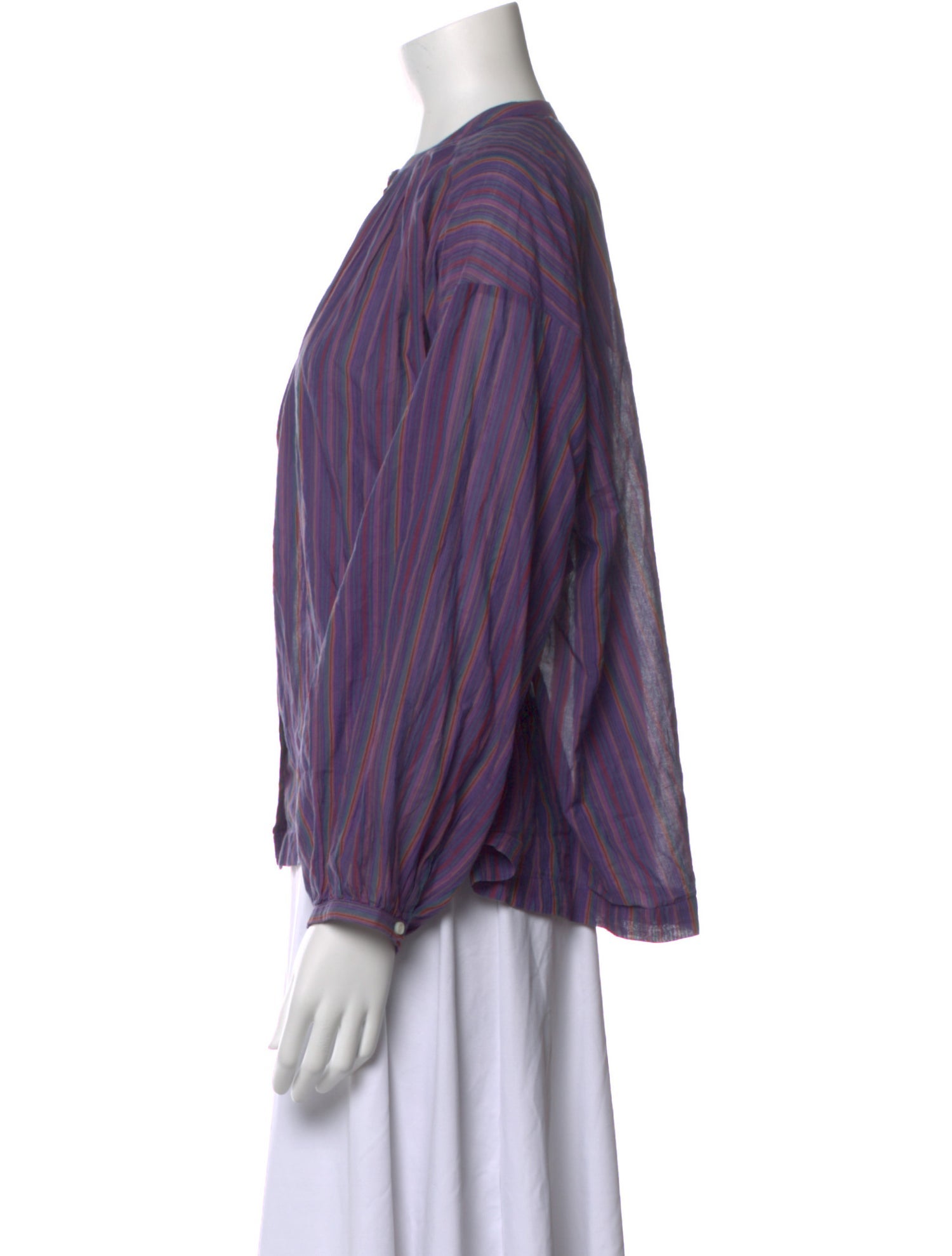 DÔEN Striped Crew Neck Button-Up Top