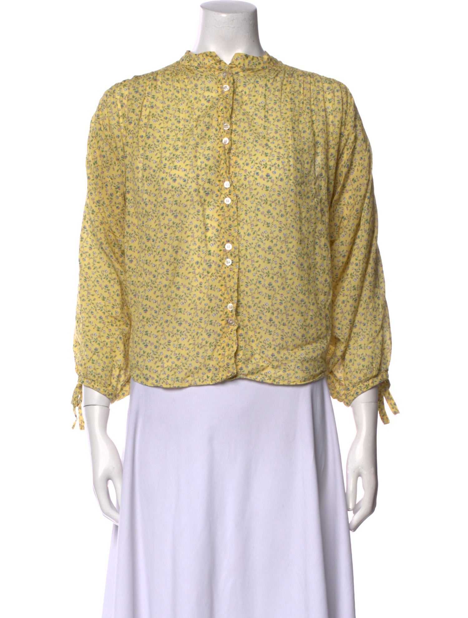 DÔEN Floral Print Mock Neck Button-Up Top