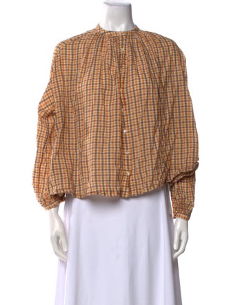 DÔEN Plaid Print Mock Neck Blouse
