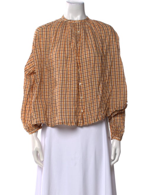 DÔEN Plaid Print Mock Neck Blouse