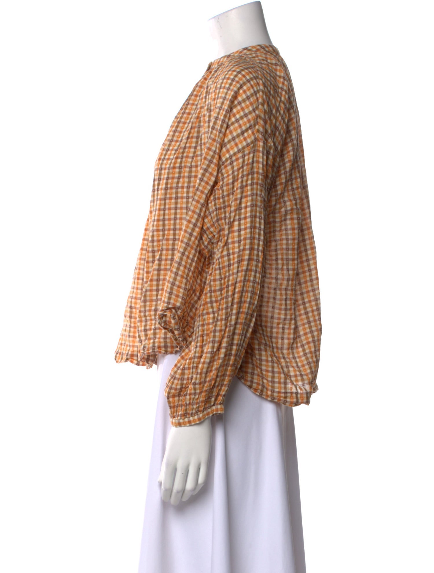 DÔEN Plaid Print Mock Neck Blouse