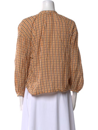 DÔEN Plaid Print Mock Neck Blouse